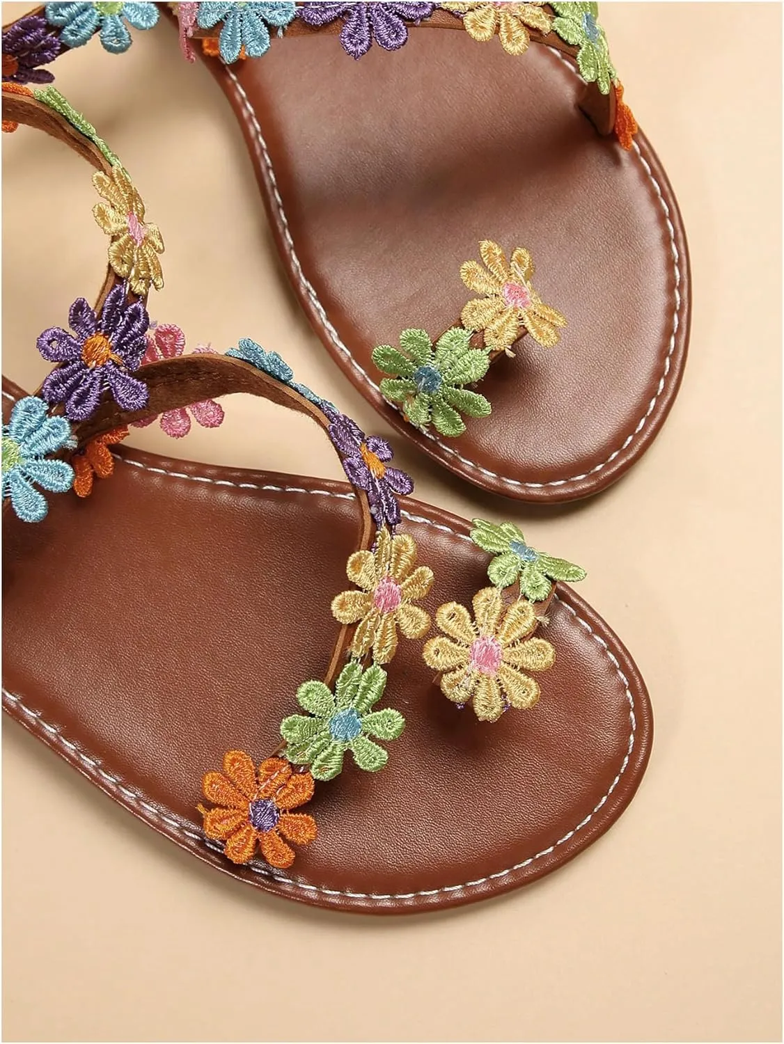 GORGLITTER Women's Flower Colorful Flat Sandals Open Toe Strappy Boho Summer Dressy Slides
