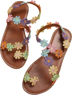 GORGLITTER Women's Flower Colorful Flat Sandals Open Toe Strappy Boho Summer Dressy Slides