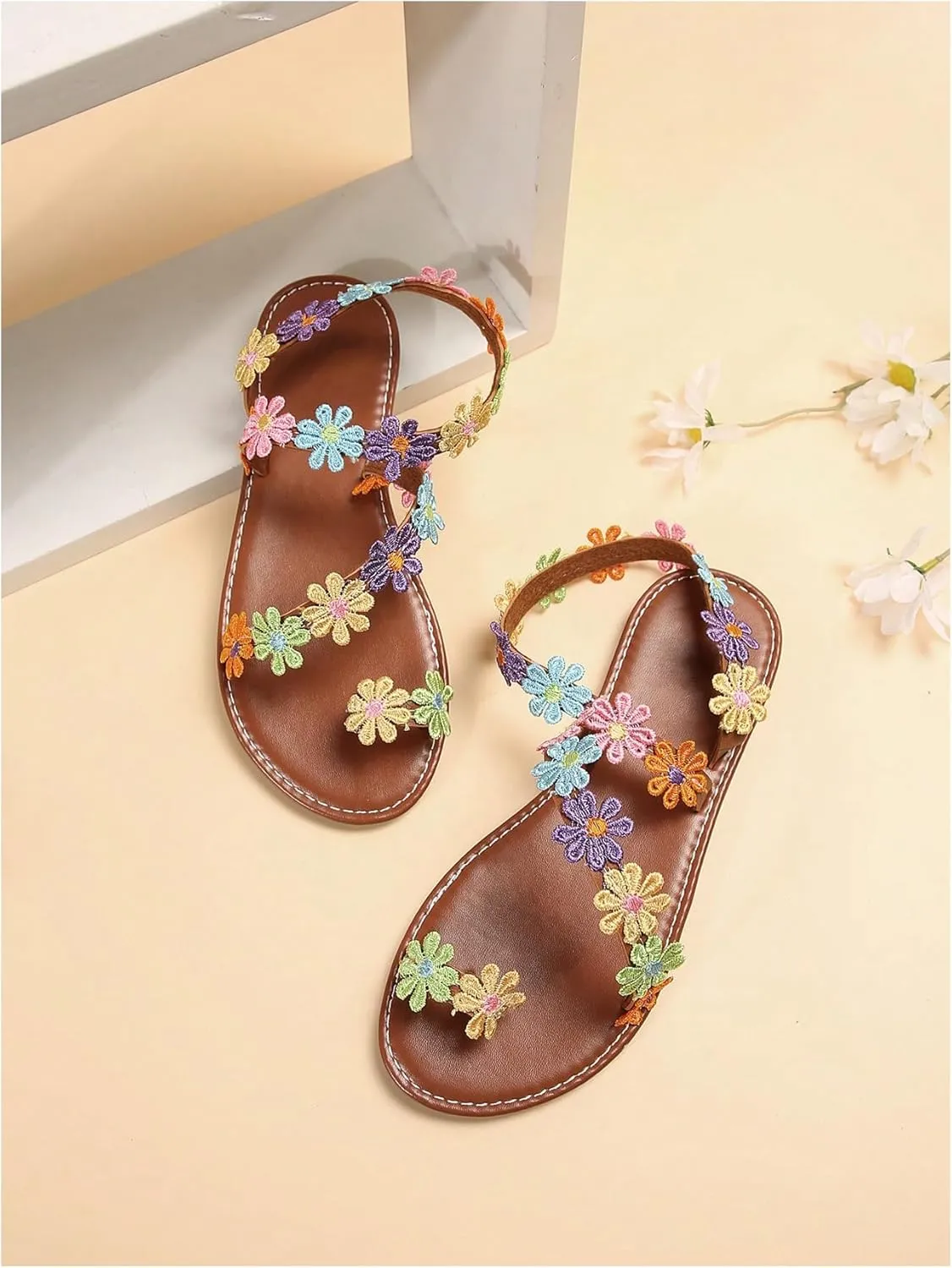 GORGLITTER Women's Flower Colorful Flat Sandals Open Toe Strappy Boho Summer Dressy Slides