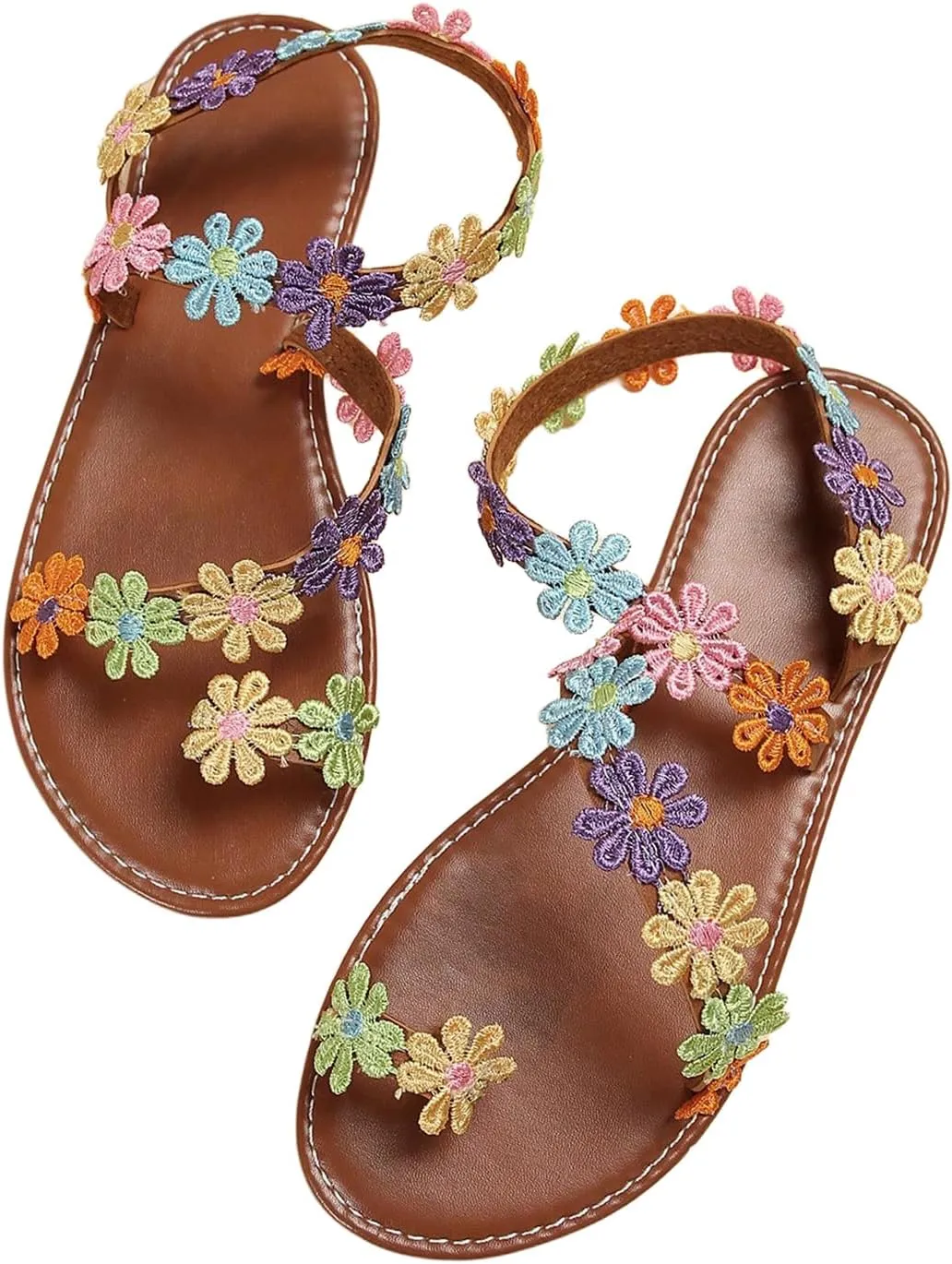 GORGLITTER Women's Flower Colorful Flat Sandals Open Toe Strappy Boho Summer Dressy Slides