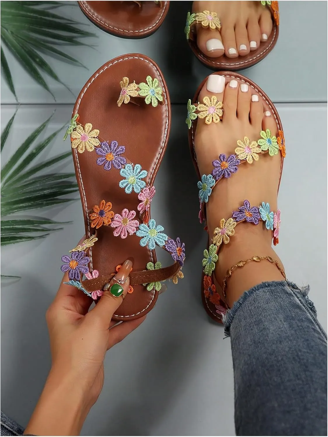 GORGLITTER Women's Flower Colorful Flat Sandals Open Toe Strappy Boho Summer Dressy Slides
