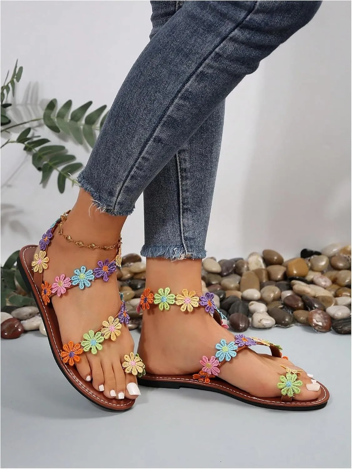 GORGLITTER Women's Flower Colorful Flat Sandals Open Toe Strappy Boho Summer Dressy Slides