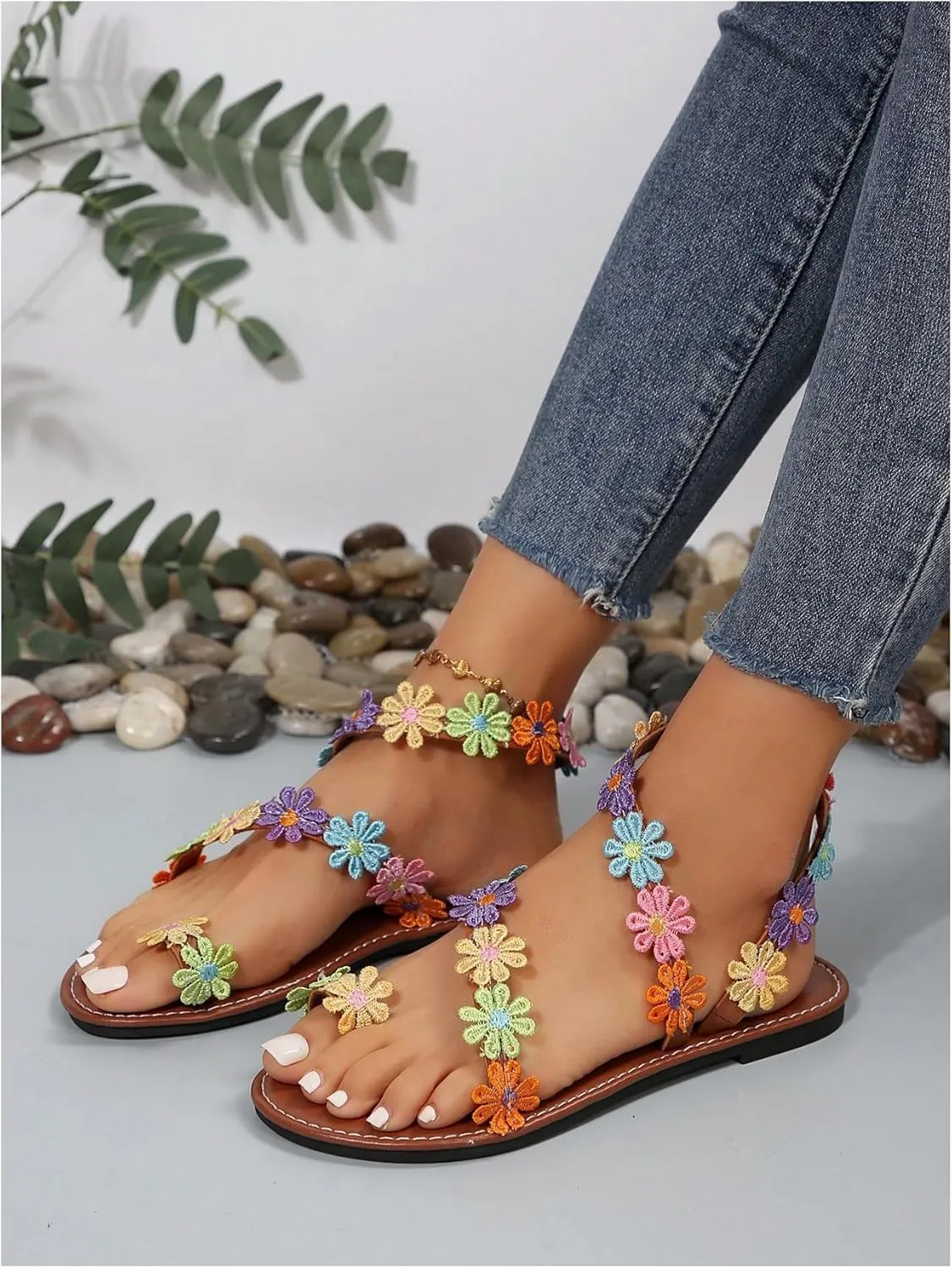 GORGLITTER Women's Flower Colorful Flat Sandals Open Toe Strappy Boho Summer Dressy Slides