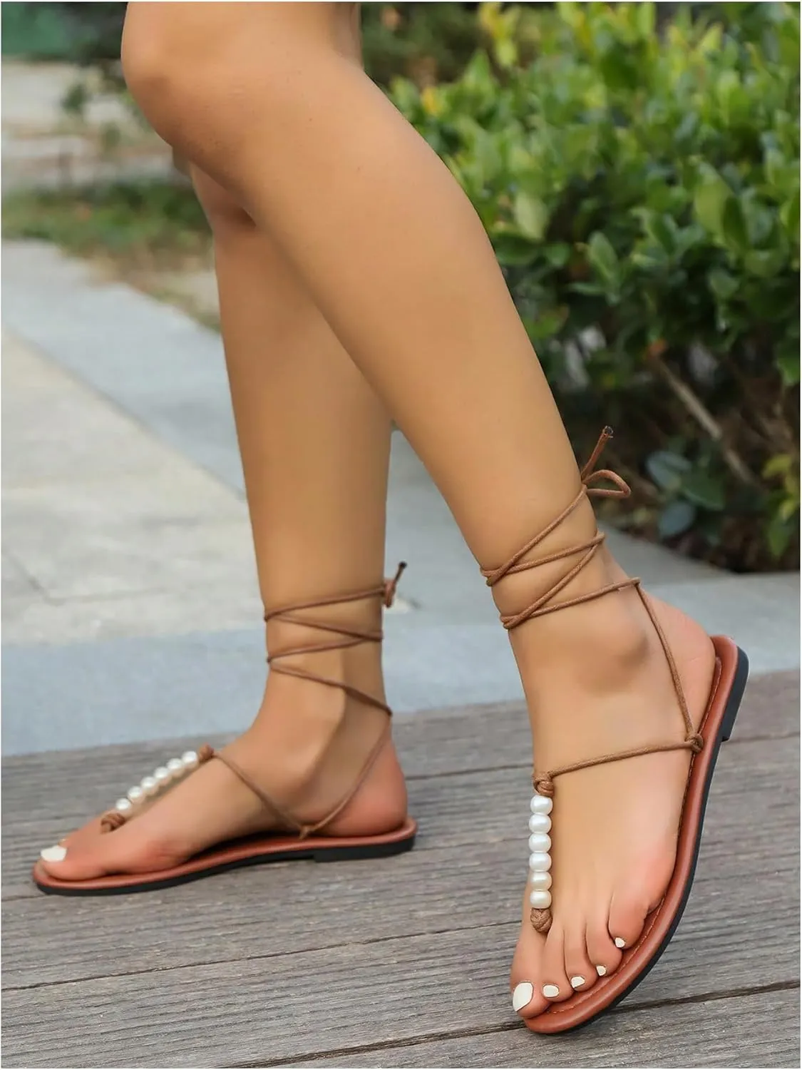 GORGLITTER Women's Pearl Lace Up Flat Sandals Beaded Strappy Tie Up Beach Sandal