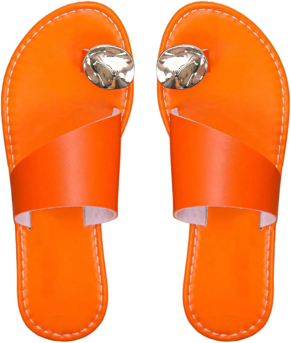 GORGLITTER Women's Rhinestone Toe Ring Flats Sandals Dressy Leather Slip On Slides Summer Vacation Beach Sandal