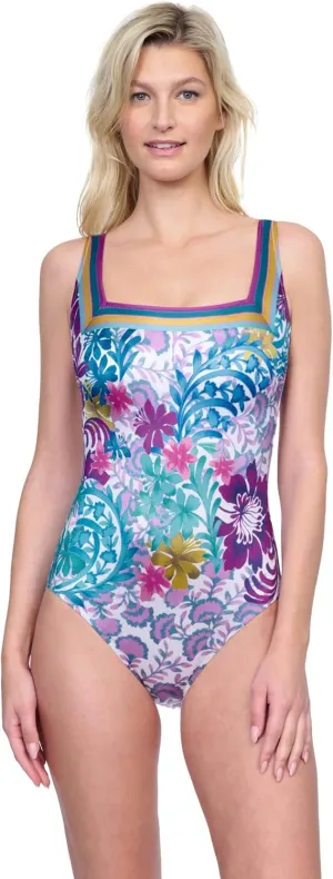 Gottex Women's Floral Vibrant Multi Color Square Neck One-Piece Swimsuit
