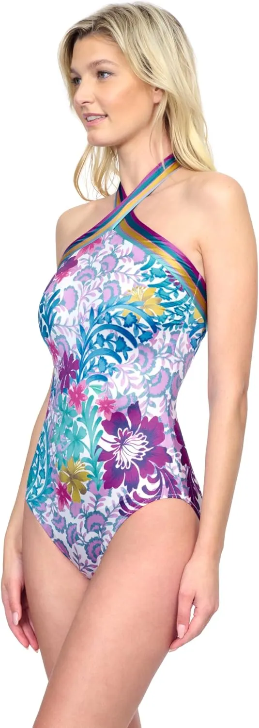 Gottex Women's Vibrant Multi Color High Neck Crisscross Halter Swimsuit