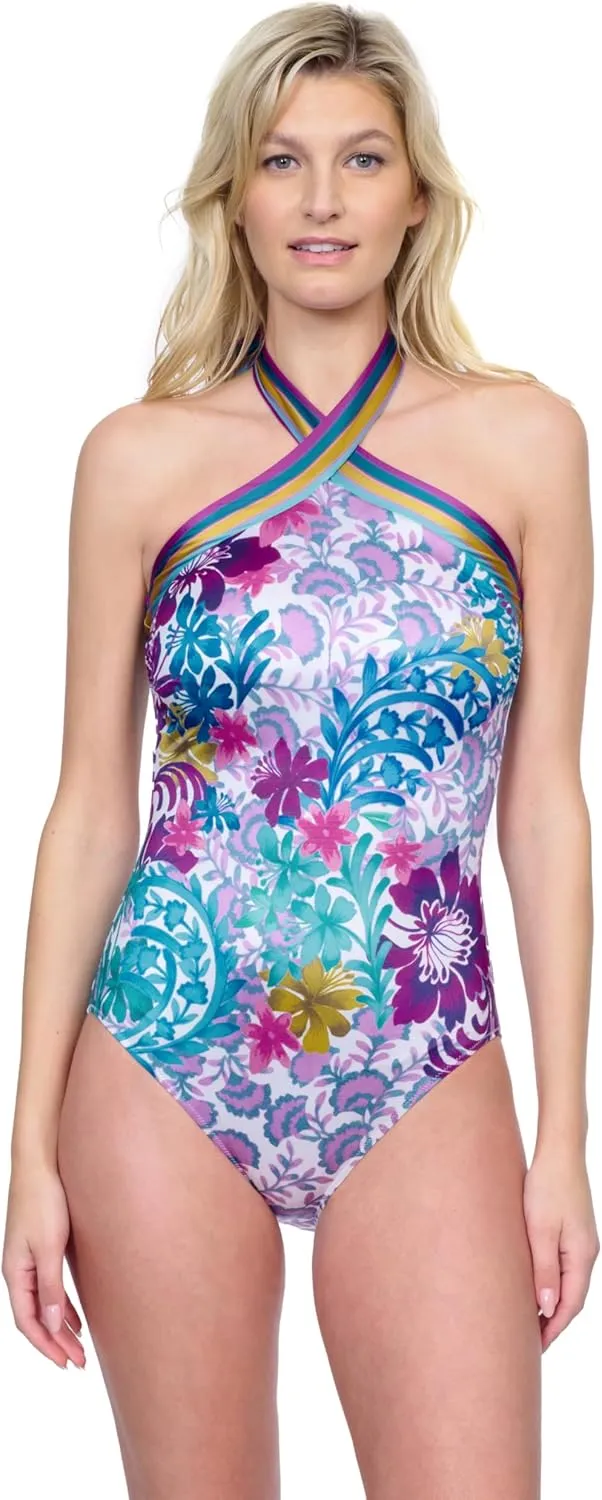 Gottex Women's Vibrant Multi Color High Neck Crisscross Halter Swimsuit
