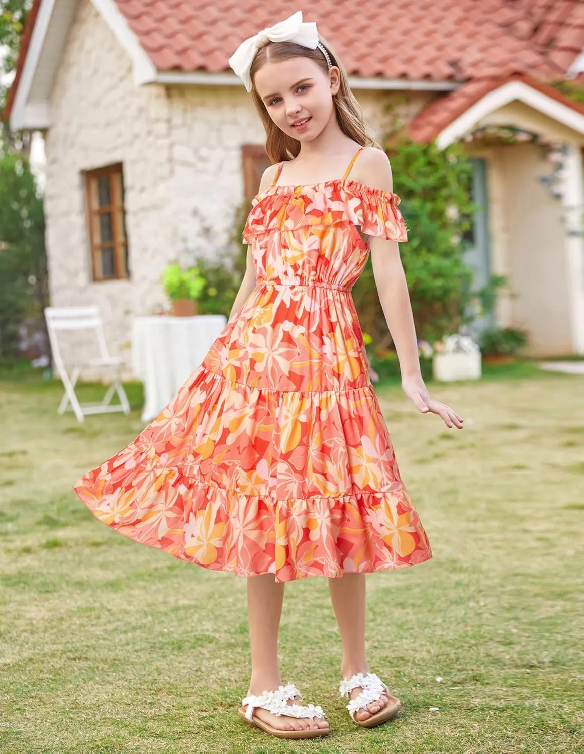 GRACE KARIN Girls Summer Dress Off Shoulder Ruffle Floral Spaghetti Strap Casual Sundress Tiered Midi Dress