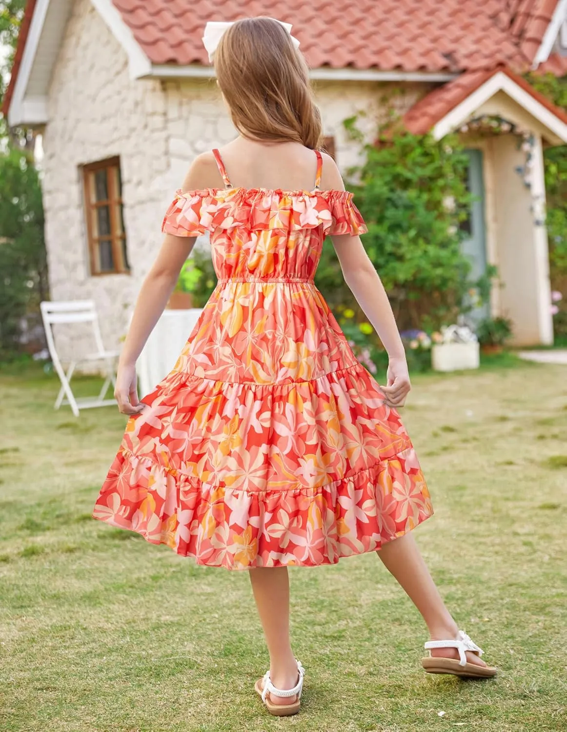 GRACE KARIN Girls Summer Dress Off Shoulder Ruffle Floral Spaghetti Strap Casual Sundress Tiered Midi Dress