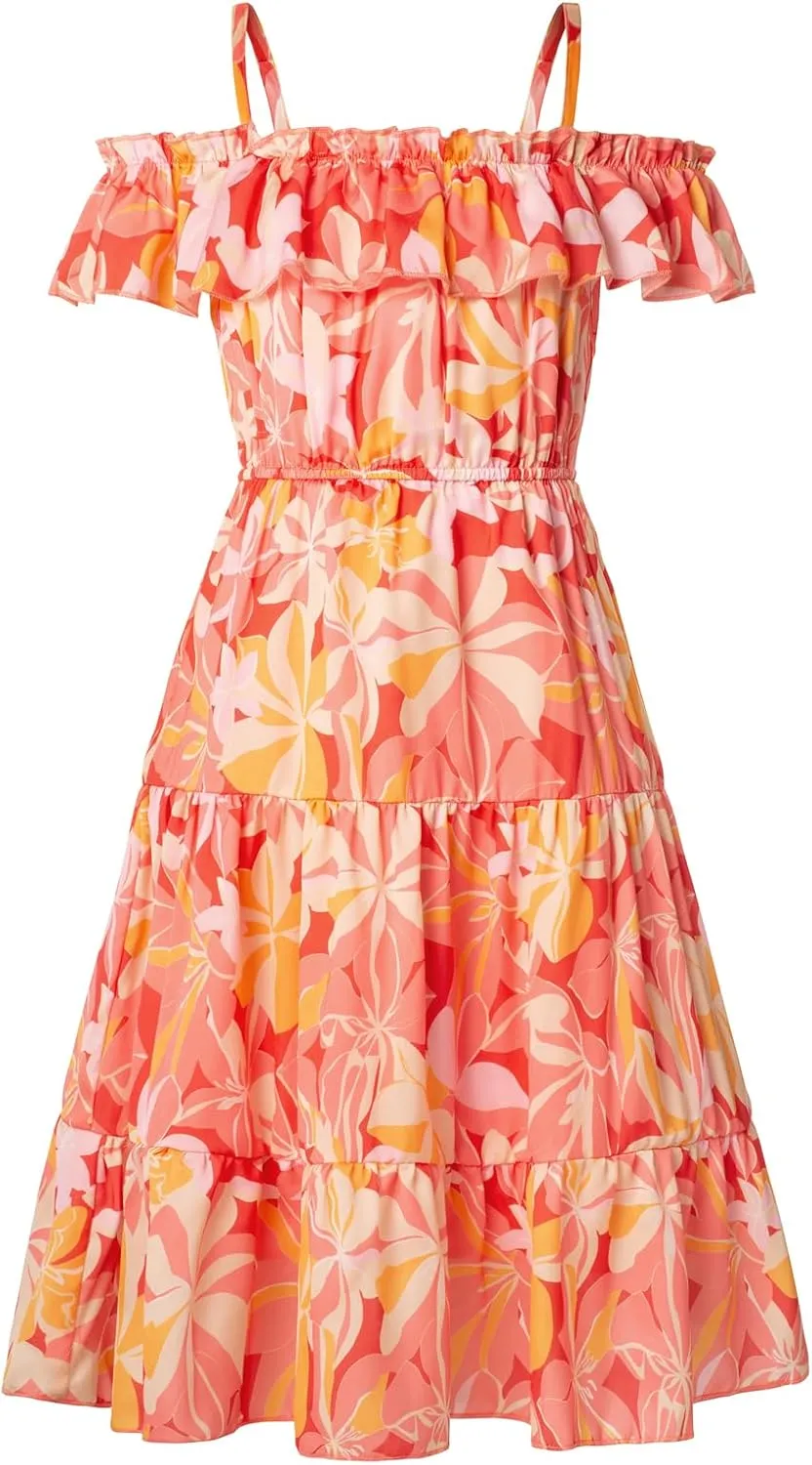 GRACE KARIN Girls Summer Dress Off Shoulder Ruffle Floral Spaghetti Strap Casual Sundress Tiered Midi Dress