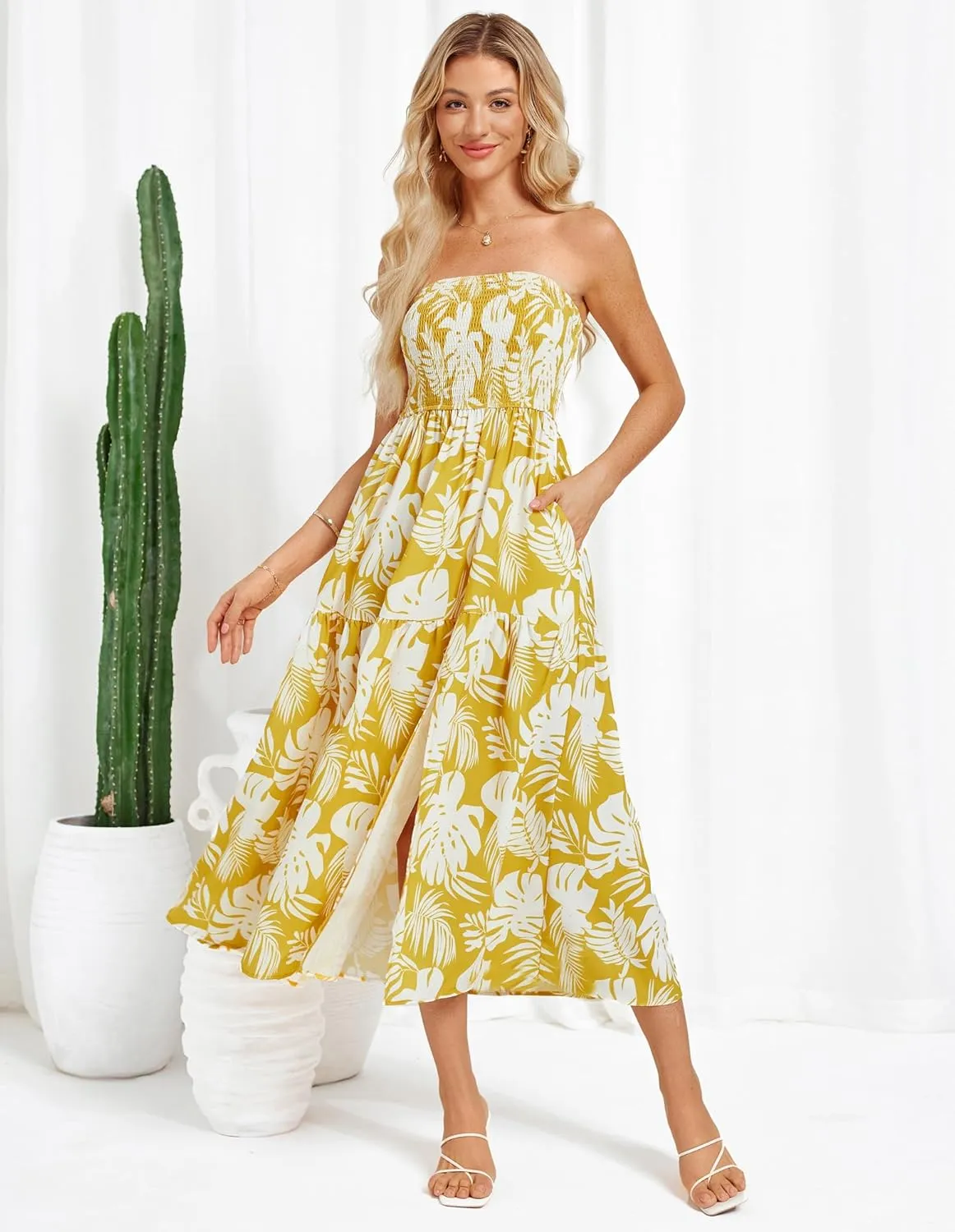 GRACE KARIN Women's Summer Strapless Dress Smocked Casual Beach Party Long Maxi Dresses with Pockets