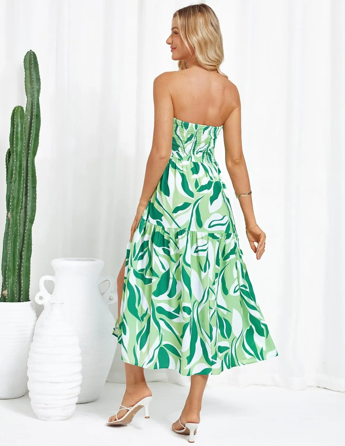 GRACE KARIN Women's Summer Strapless Dress Smocked Casual Beach Party Long Maxi Dresses with Pockets