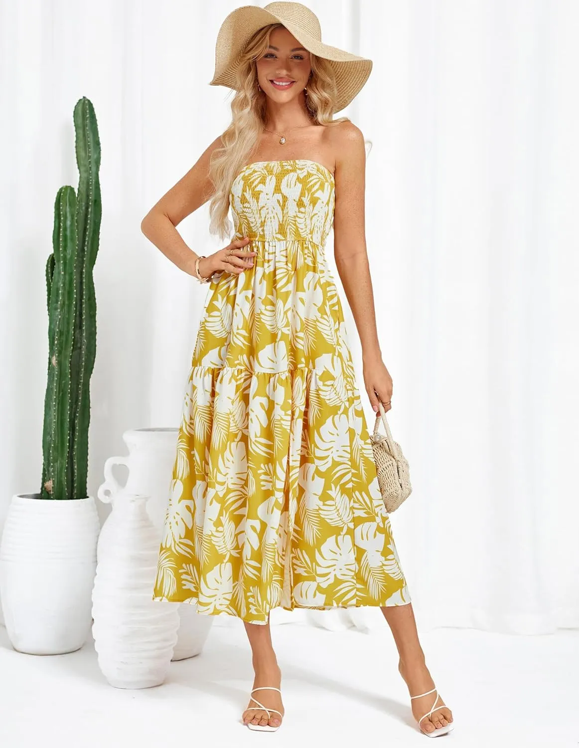 GRACE KARIN Women's Summer Strapless Dress Smocked Casual Beach Party Long Maxi Dresses with Pockets