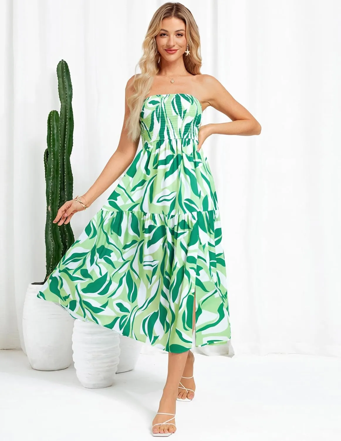GRACE KARIN Women's Summer Strapless Dress Smocked Casual Beach Party Long Maxi Dresses with Pockets