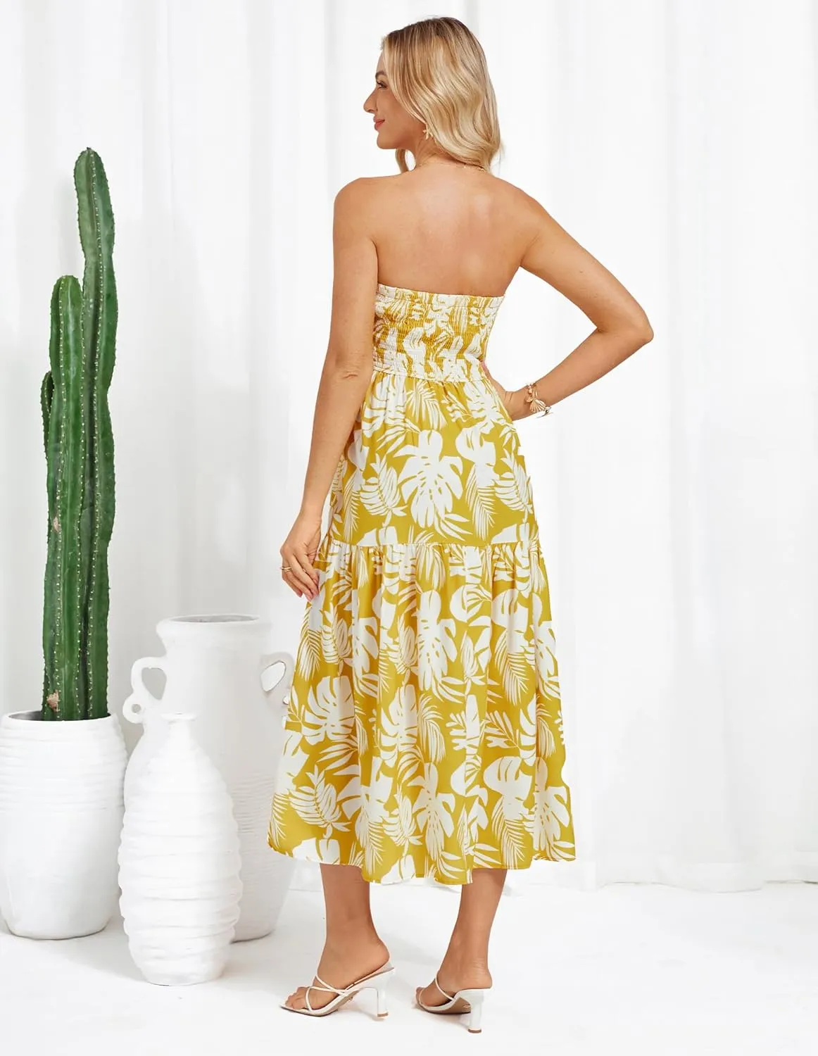 GRACE KARIN Women's Summer Strapless Dress Smocked Casual Beach Party Long Maxi Dresses with Pockets
