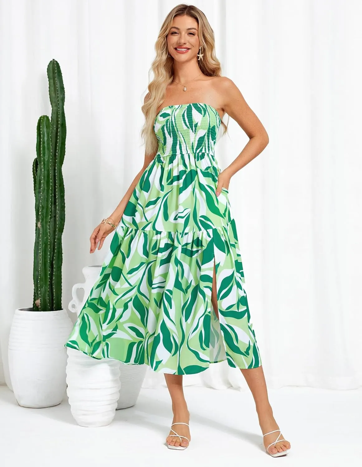 GRACE KARIN Women's Summer Strapless Dress Smocked Casual Beach Party Long Maxi Dresses with Pockets