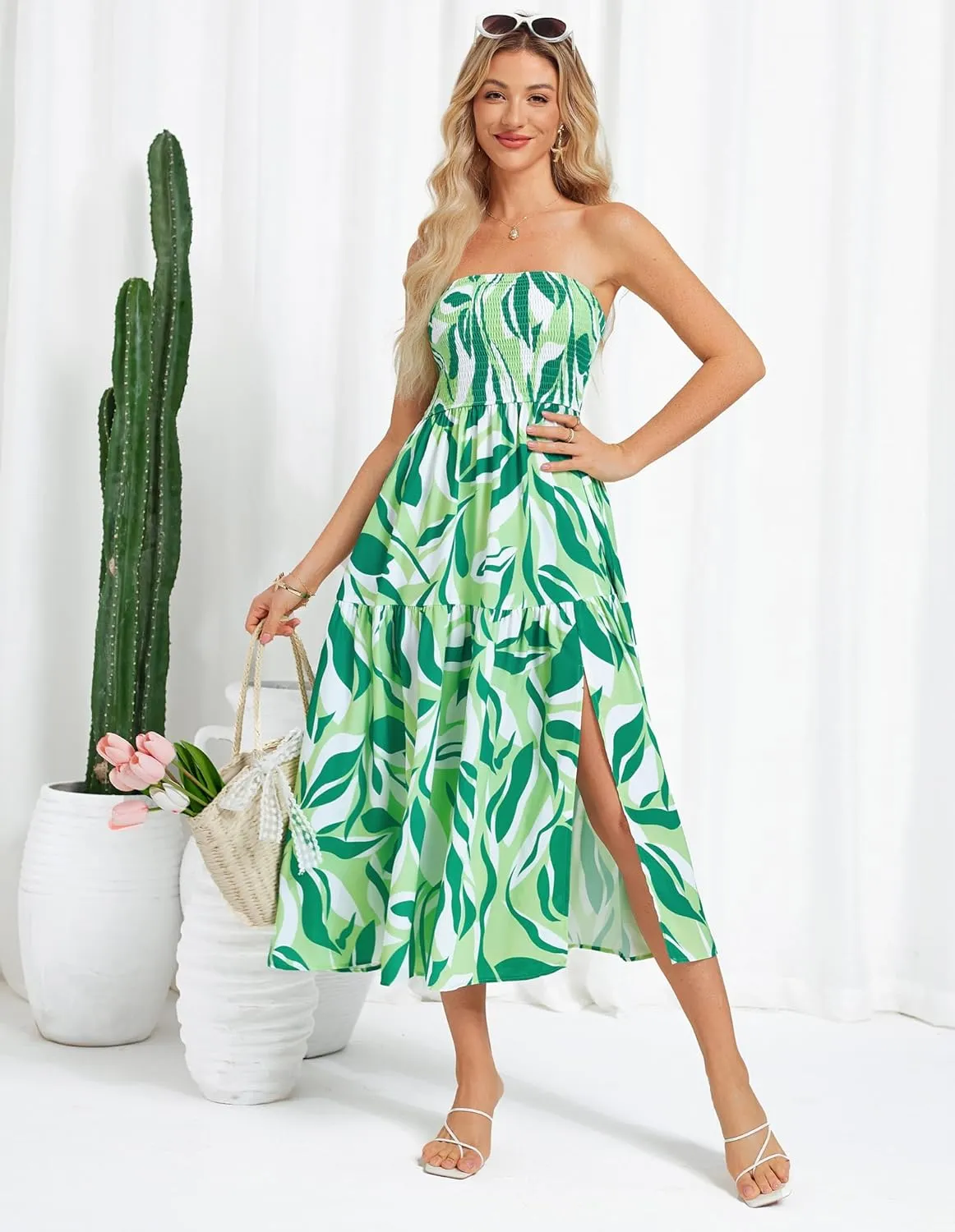 GRACE KARIN Women's Summer Strapless Dress Smocked Casual Beach Party Long Maxi Dresses with Pockets