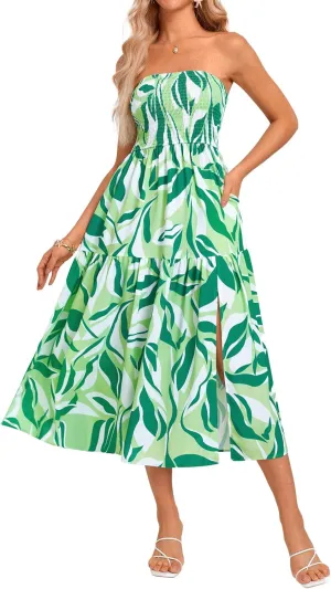 GRACE KARIN Women's Summer Strapless Dress Smocked Casual Beach Party Long Maxi Dresses with Pockets