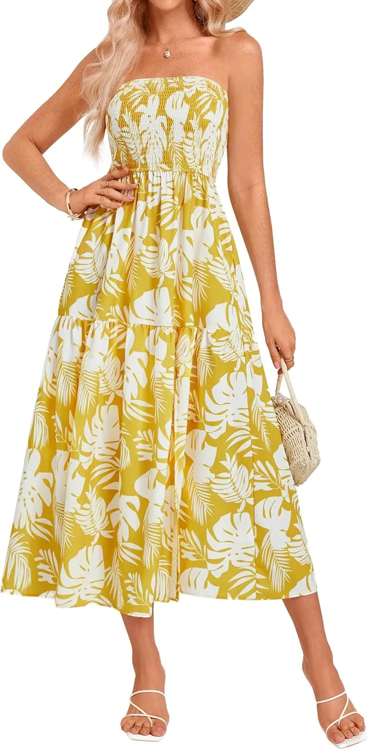 GRACE KARIN Women's Summer Strapless Dress Smocked Casual Beach Party Long Maxi Dresses with Pockets