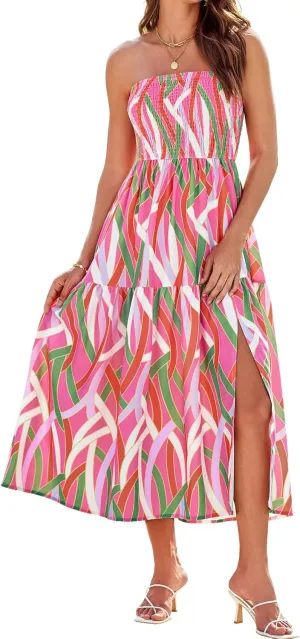 GRACE KARIN Women's Summer Strapless Dress Smocked Casual Beach Party Long Maxi Dresses with Pockets