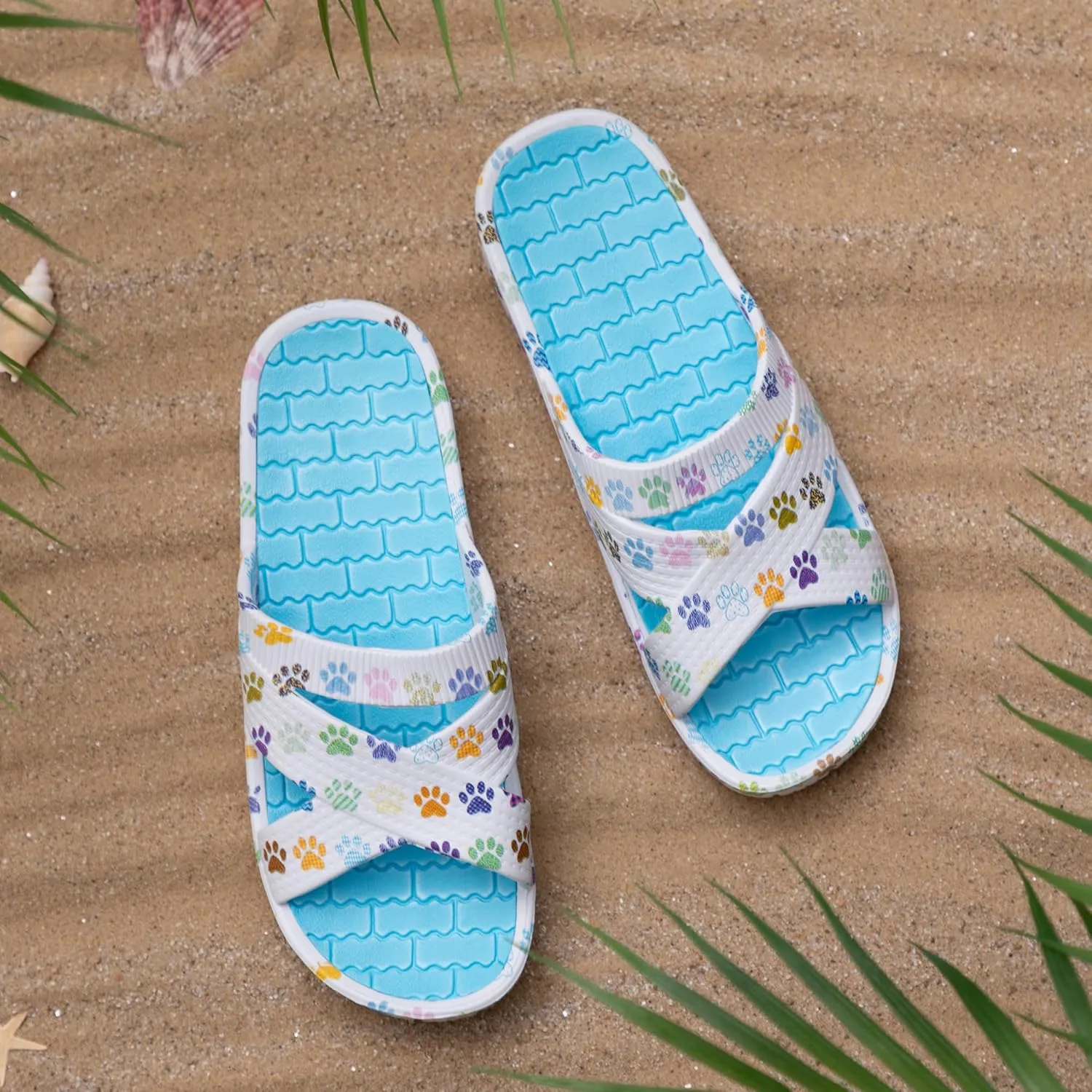 GreaterGood Celebration Criss Cross Sandals Lightweight EVA Slip On Textured Footbed Colorful Animal Print Design for Women Mom Ladies