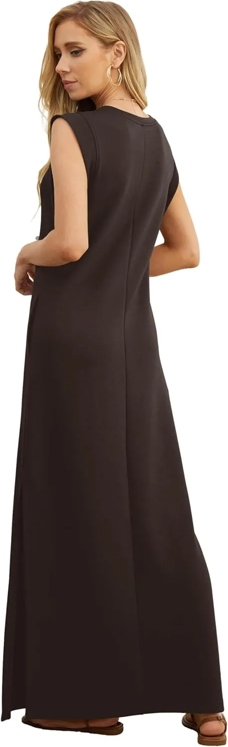 GRECERELLE 2025 Women Summer Round Neck Casual Loose Split Wrinkle-Free Long Maxi Vacation Dress with Pockets (XS-3XL)