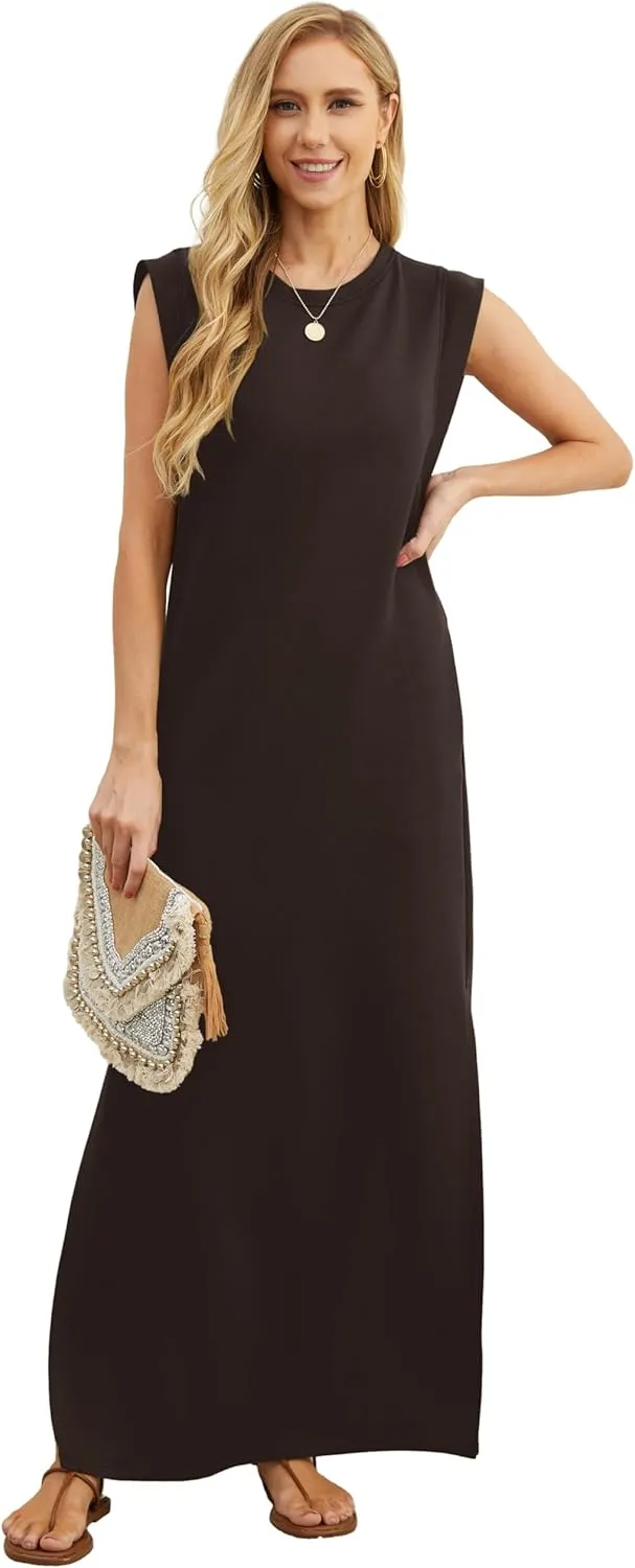 GRECERELLE 2025 Women Summer Round Neck Casual Loose Split Wrinkle-Free Long Maxi Vacation Dress with Pockets (XS-3XL)
