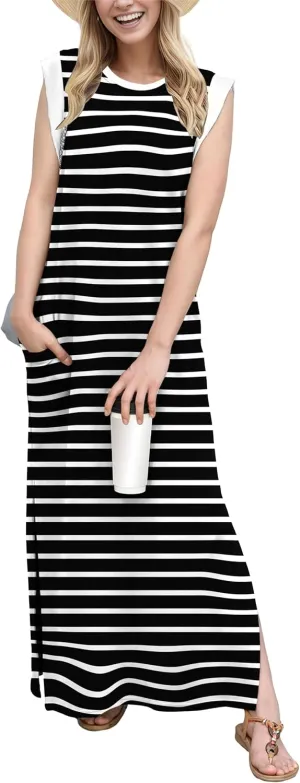 GRECERELLE 2025 Women Summer Round Neck Casual Loose Split Wrinkle-Free Long Maxi Vacation Dress with Pockets (XS-3XL)