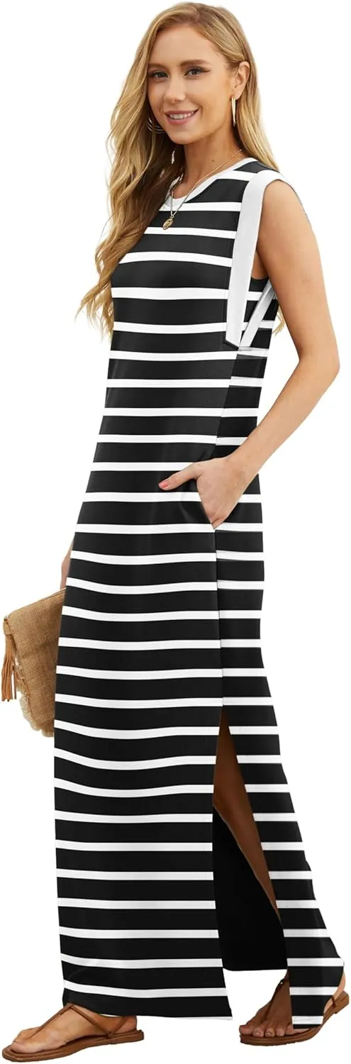 GRECERELLE 2025 Women Summer Round Neck Casual Loose Split Wrinkle-Free Long Maxi Vacation Dress with Pockets (XS-3XL)