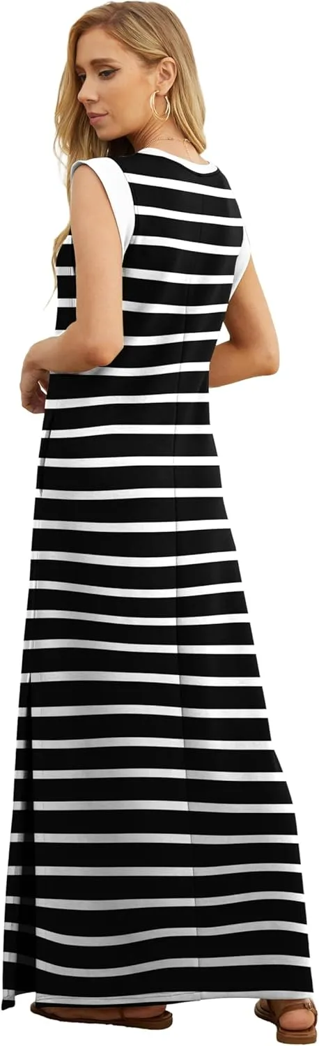 GRECERELLE 2025 Women Summer Round Neck Casual Loose Split Wrinkle-Free Long Maxi Vacation Dress with Pockets (XS-3XL)