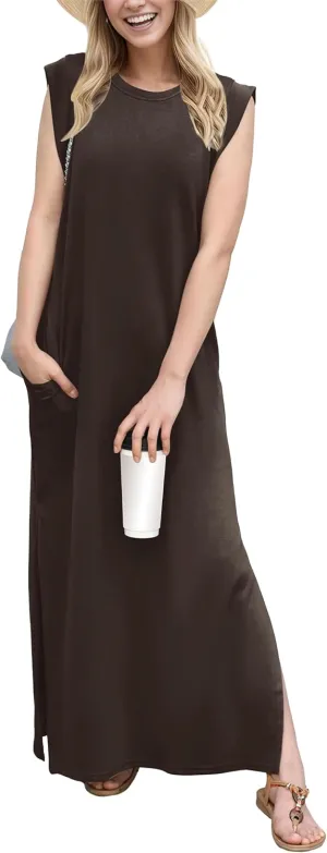 GRECERELLE 2025 Women Summer Round Neck Casual Loose Split Wrinkle-Free Long Maxi Vacation Dress with Pockets (XS-3XL)