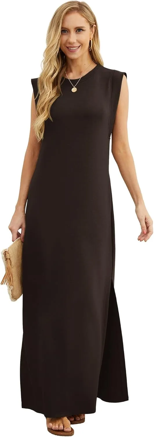 GRECERELLE 2025 Women Summer Round Neck Casual Loose Split Wrinkle-Free Long Maxi Vacation Dress with Pockets (XS-3XL)