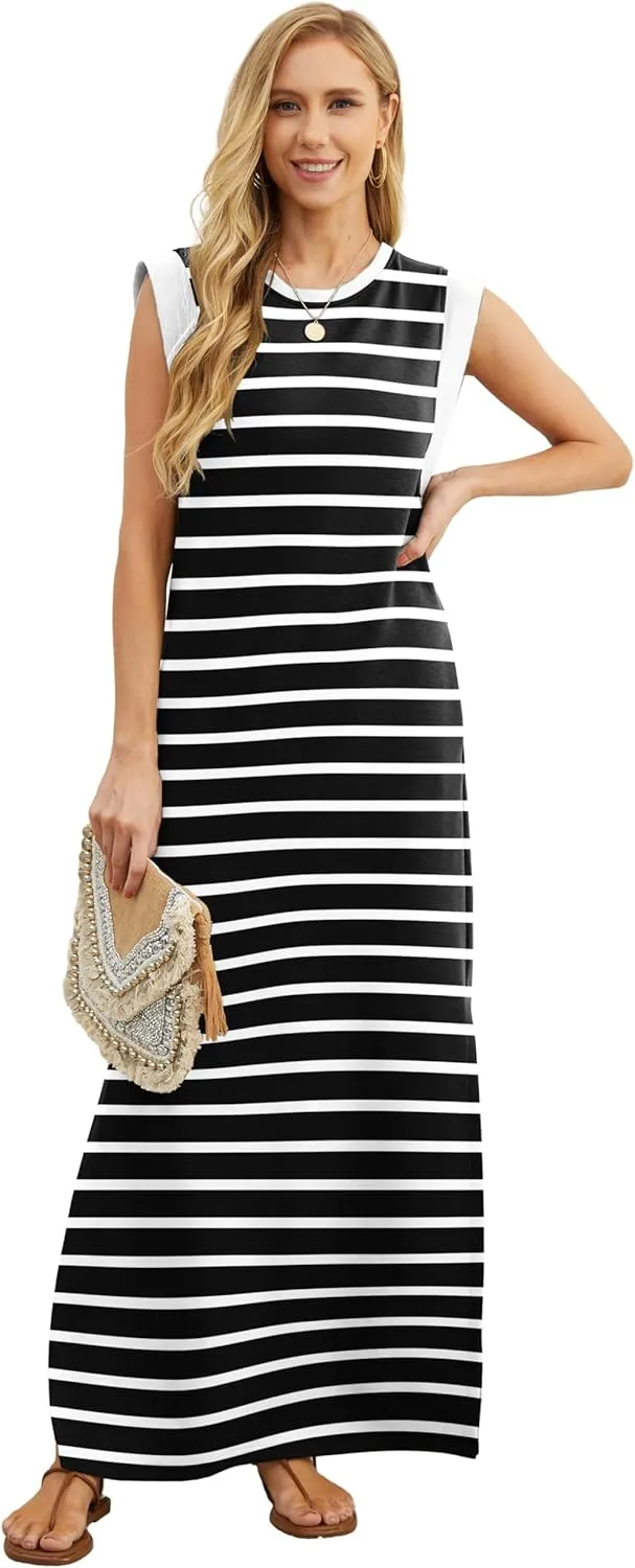 GRECERELLE 2025 Women Summer Round Neck Casual Loose Split Wrinkle-Free Long Maxi Vacation Dress with Pockets (XS-3XL)