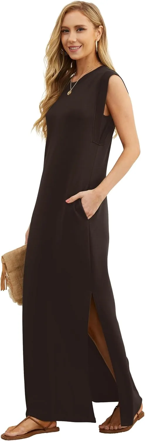 GRECERELLE 2025 Women Summer Round Neck Casual Loose Split Wrinkle-Free Long Maxi Vacation Dress with Pockets (XS-3XL)