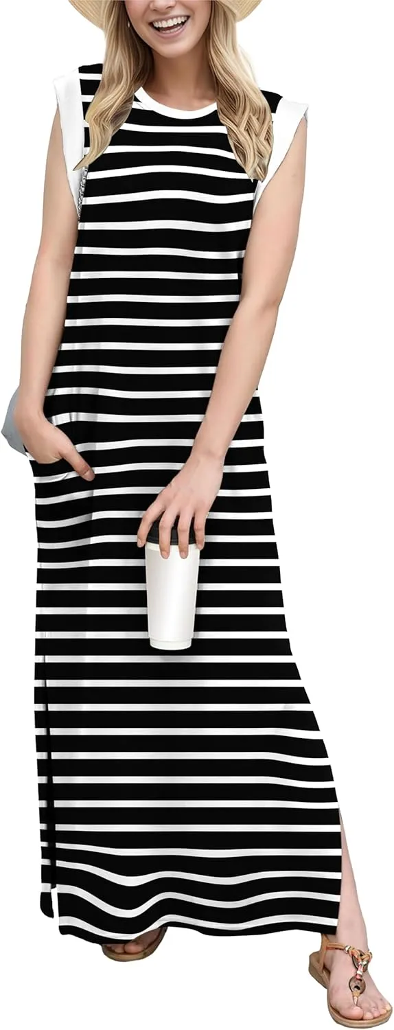 GRECERELLE 2025 Women Summer Round Neck Casual Loose Split Wrinkle-Free Long Maxi Vacation Dress with Pockets (XS-3XL)