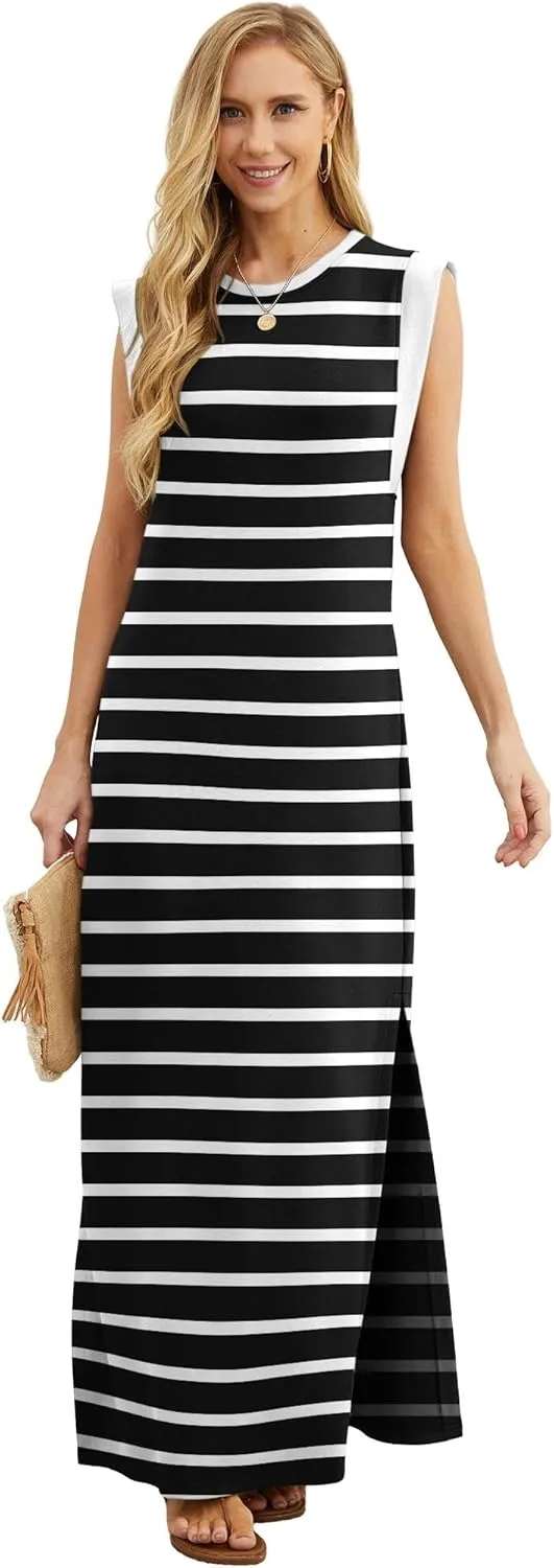 GRECERELLE 2025 Women Summer Round Neck Casual Loose Split Wrinkle-Free Long Maxi Vacation Dress with Pockets (XS-3XL)