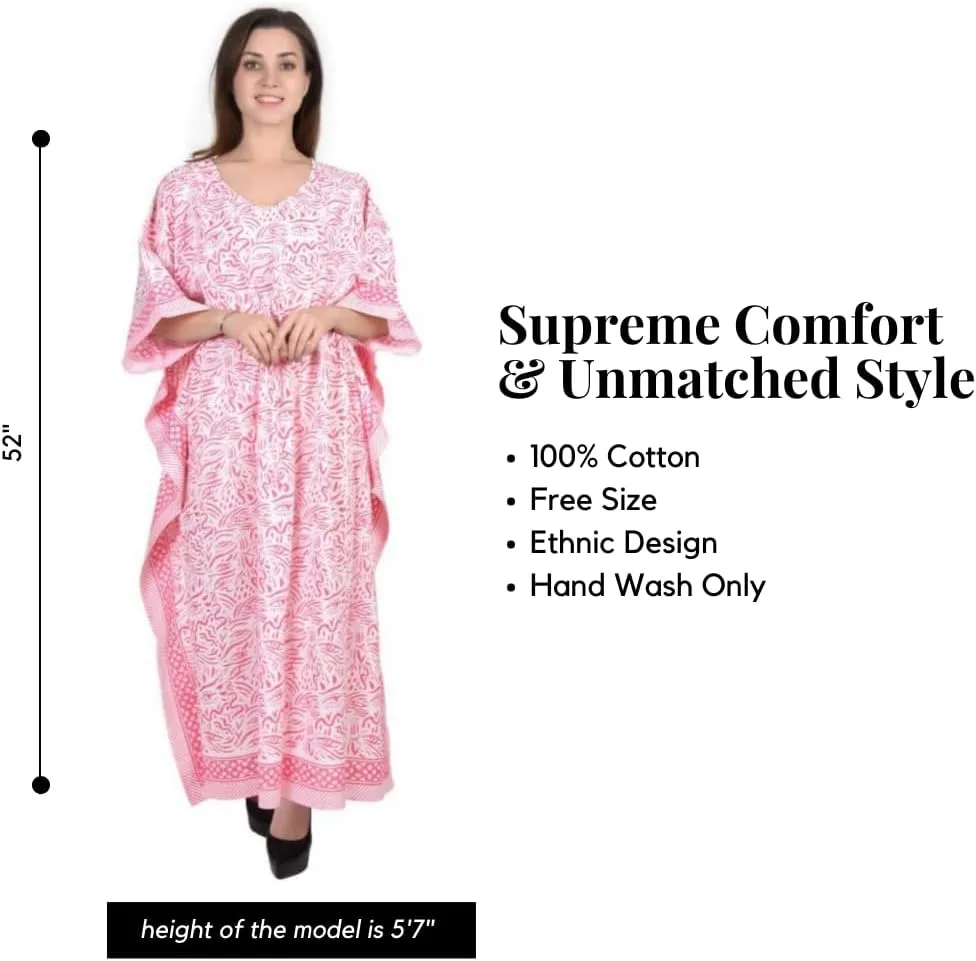 Hand Block Print Cotton Kaftan for Women Boho Loungewear Dress, Lightweight Sleepwear, Beach Cover Up, One Size Fits