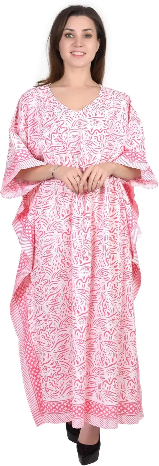 Hand Block Print Cotton Kaftan for Women Boho Loungewear Dress, Lightweight Sleepwear, Beach Cover Up, One Size Fits