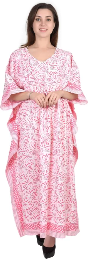 Hand Block Print Cotton Kaftan for Women Boho Loungewear Dress, Lightweight Sleepwear, Beach Cover Up, One Size Fits