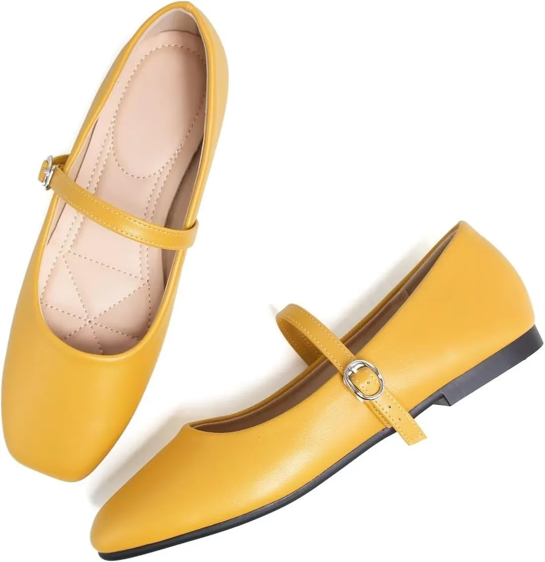 Hee grand Leather Mary Jane Shoes for Women Dressy Square Toe Ballet Flats with Strap Comfortable Walking Shoes Soft Leather Dress Shoes