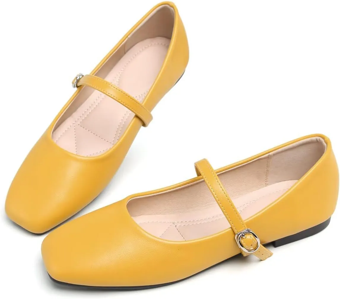 Hee grand Leather Mary Jane Shoes for Women Dressy Square Toe Ballet Flats with Strap Comfortable Walking Shoes Soft Leather Dress Shoes