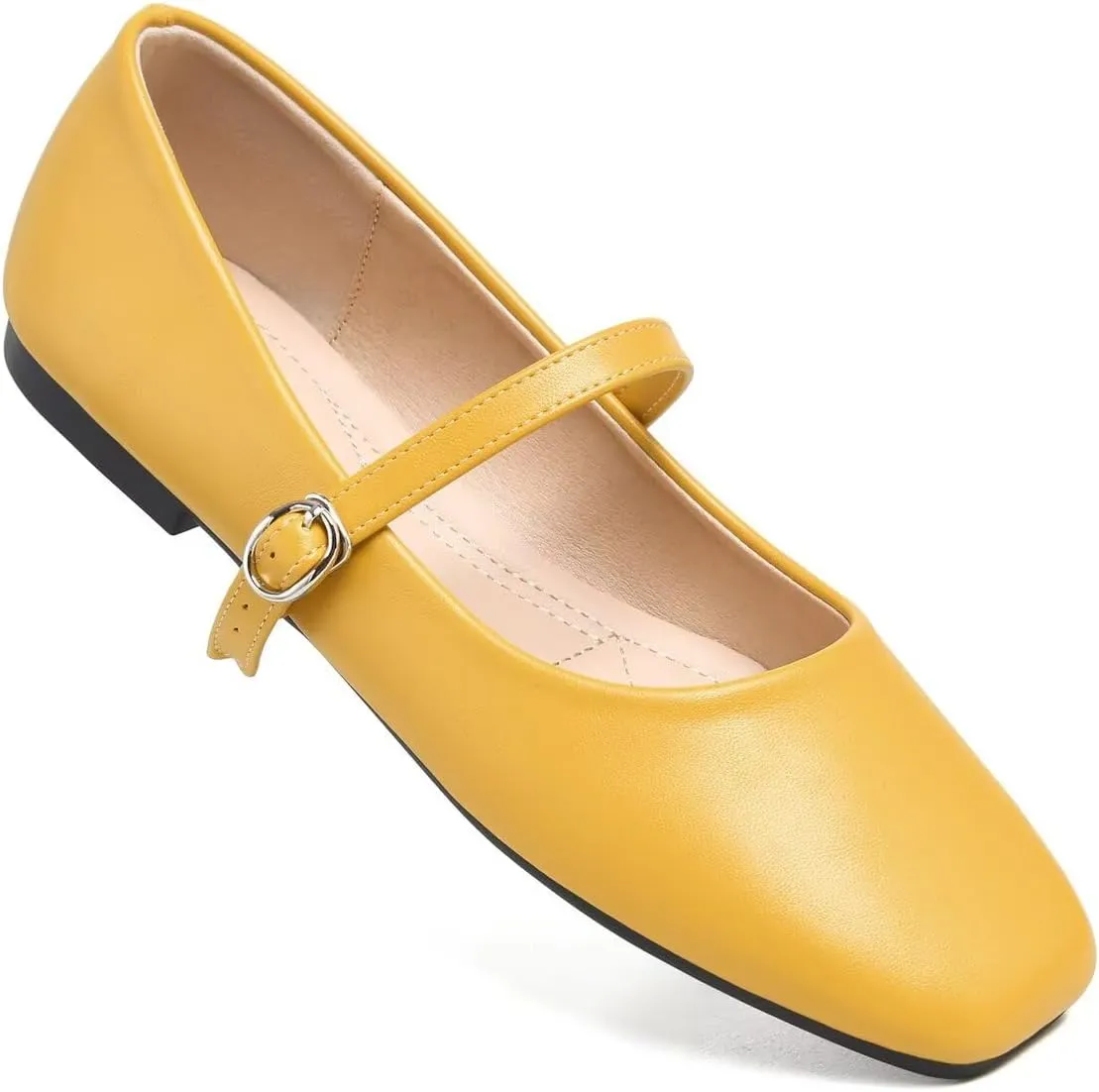 Hee grand Leather Mary Jane Shoes for Women Dressy Square Toe Ballet Flats with Strap Comfortable Walking Shoes Soft Leather Dress Shoes