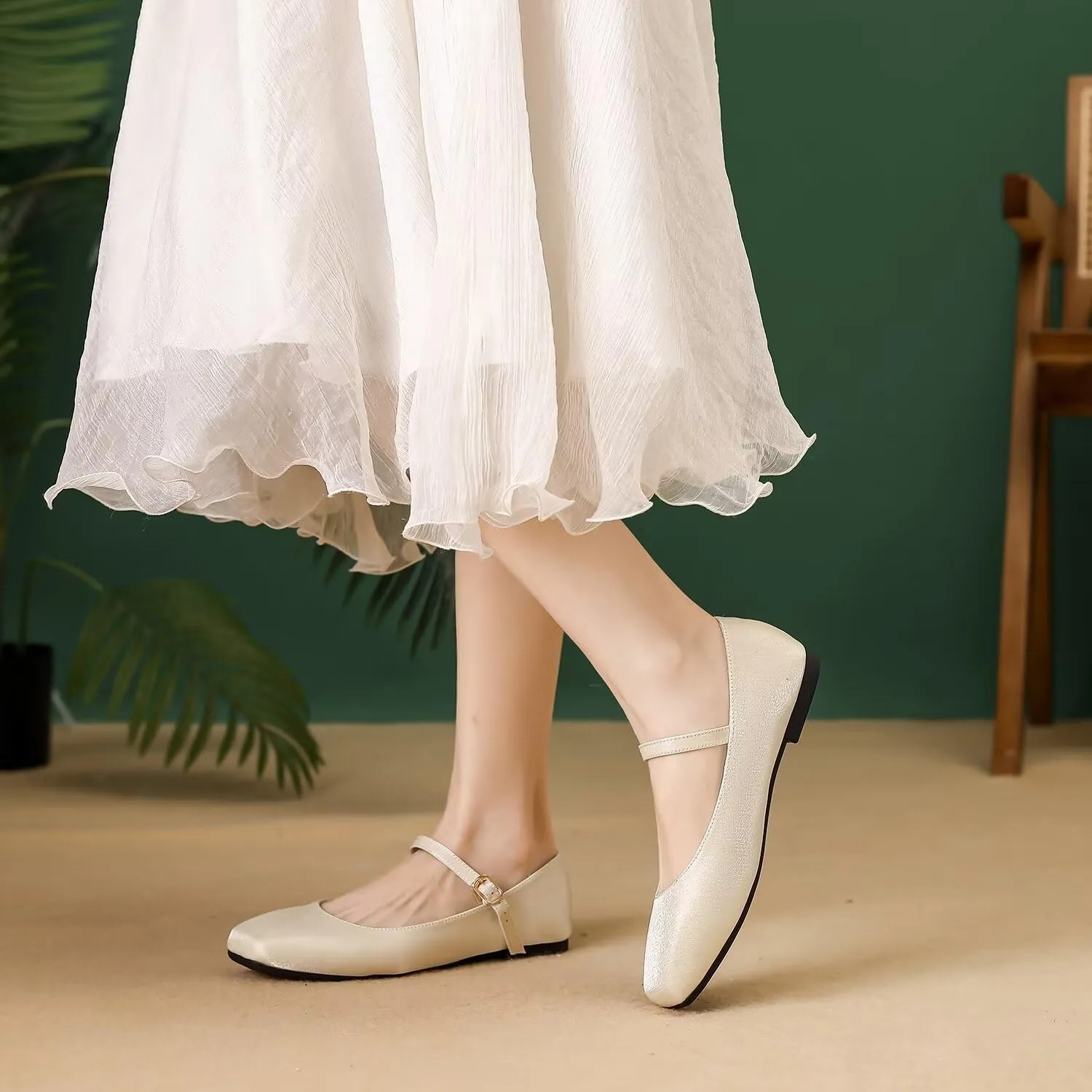 Hee grand Mary Jane Shoes for Women Comfortable Square Toe Ballet Flats with Straps Satin Dress Shoes