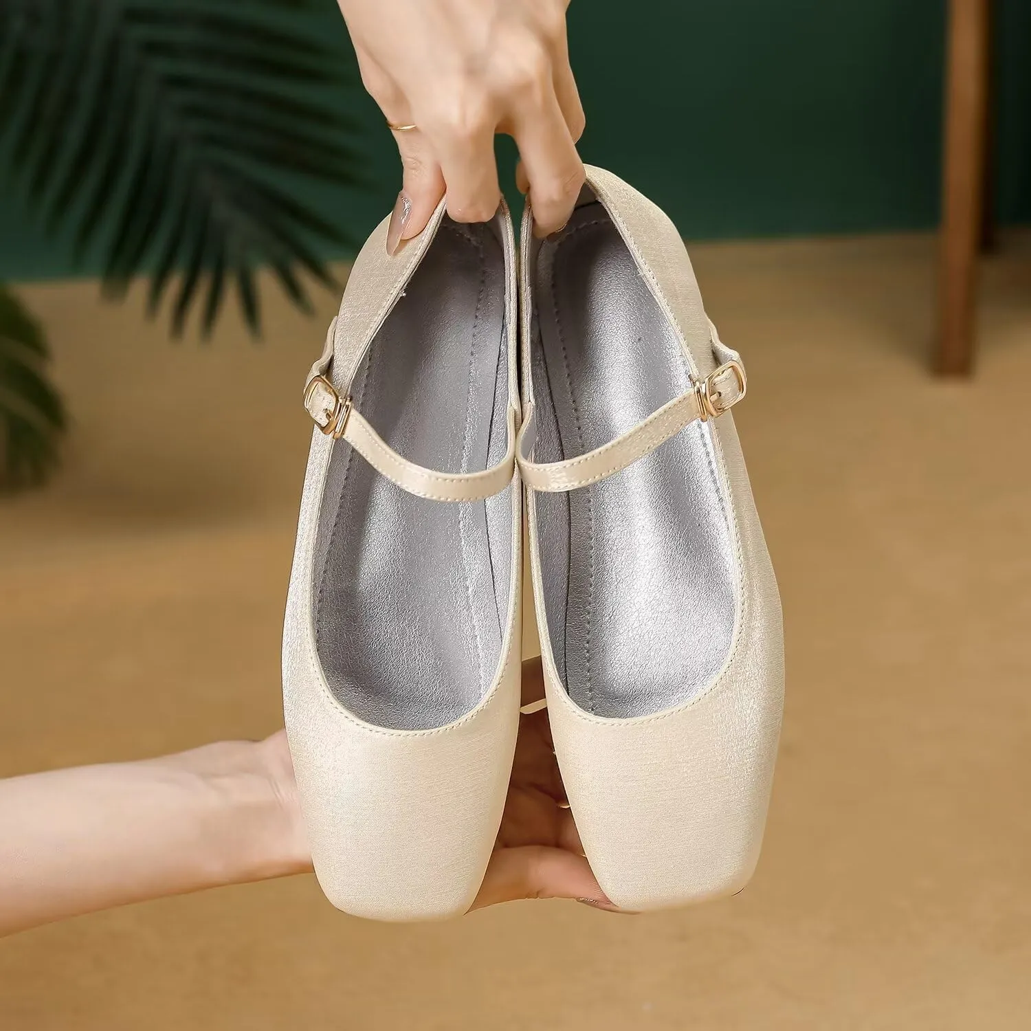 Hee grand Mary Jane Shoes for Women Comfortable Square Toe Ballet Flats with Straps Satin Dress Shoes