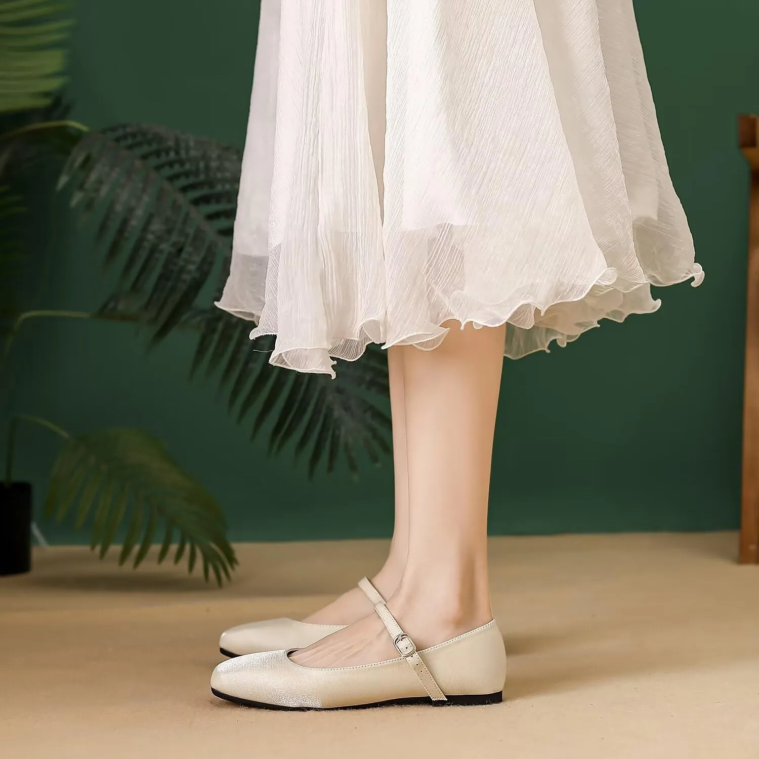 Hee grand Mary Jane Shoes for Women Comfortable Square Toe Ballet Flats with Straps Satin Dress Shoes
