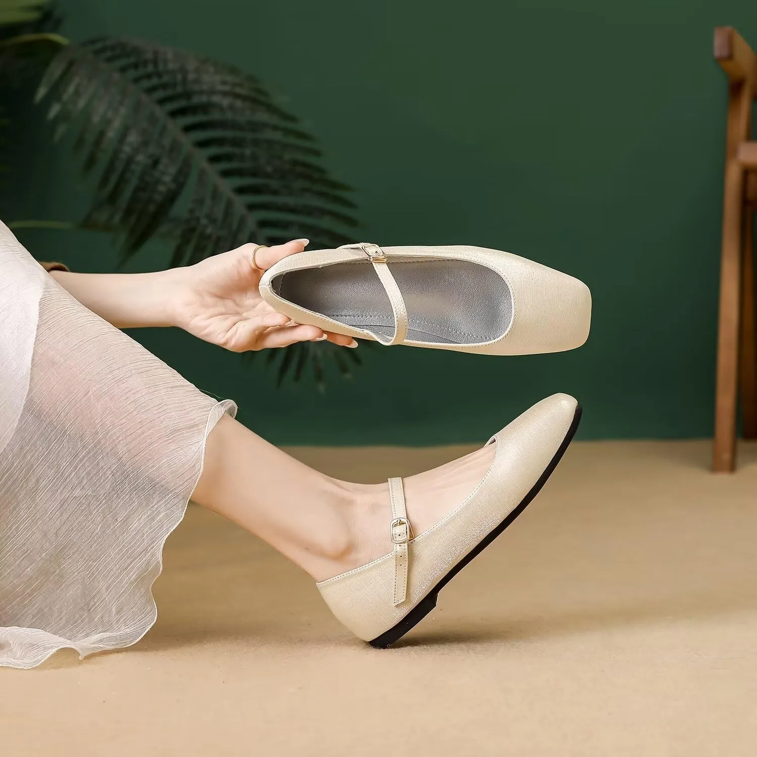 Hee grand Mary Jane Shoes for Women Comfortable Square Toe Ballet Flats with Straps Satin Dress Shoes