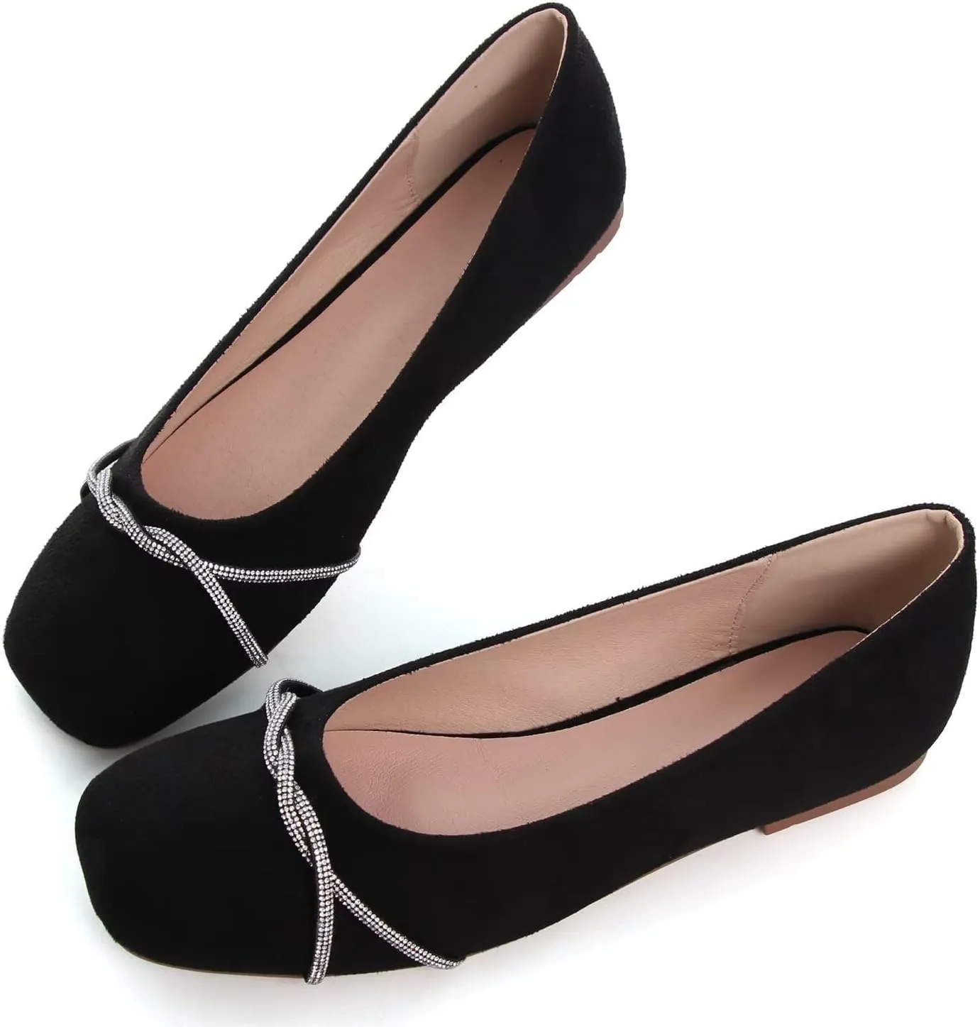 Hee grand Pointed Toe Ballet Flats for Women Suede Rhinestones Chains Black Dress Shoes Comfort Slip-On Loafers