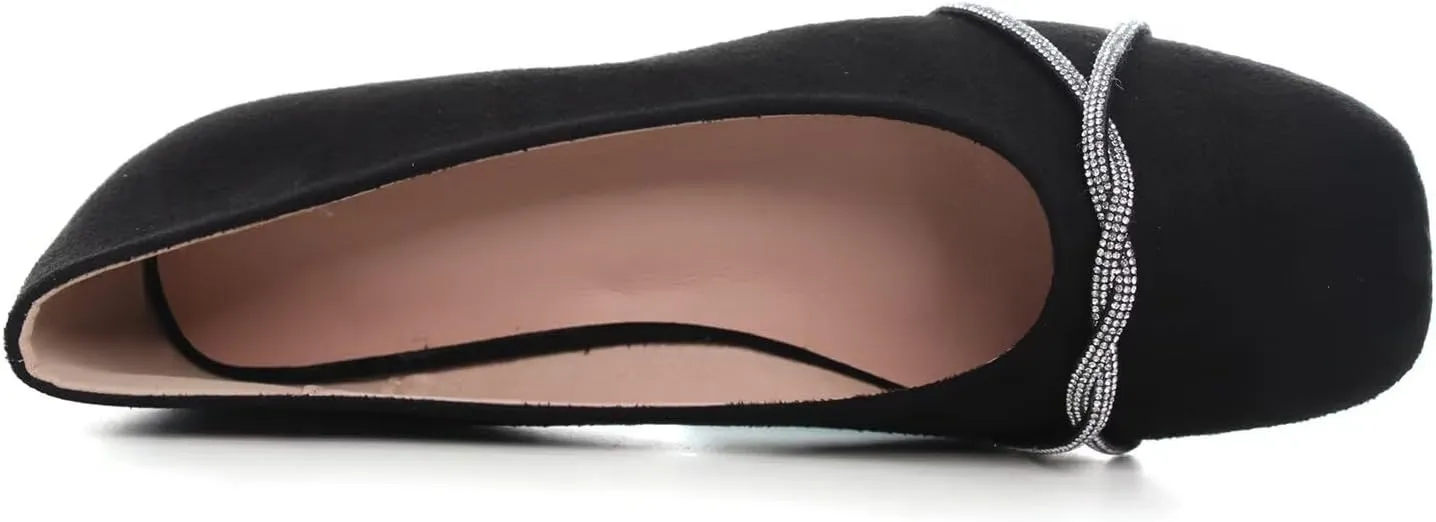 Hee grand Pointed Toe Ballet Flats for Women Suede Rhinestones Chains Black Dress Shoes Comfort Slip-On Loafers