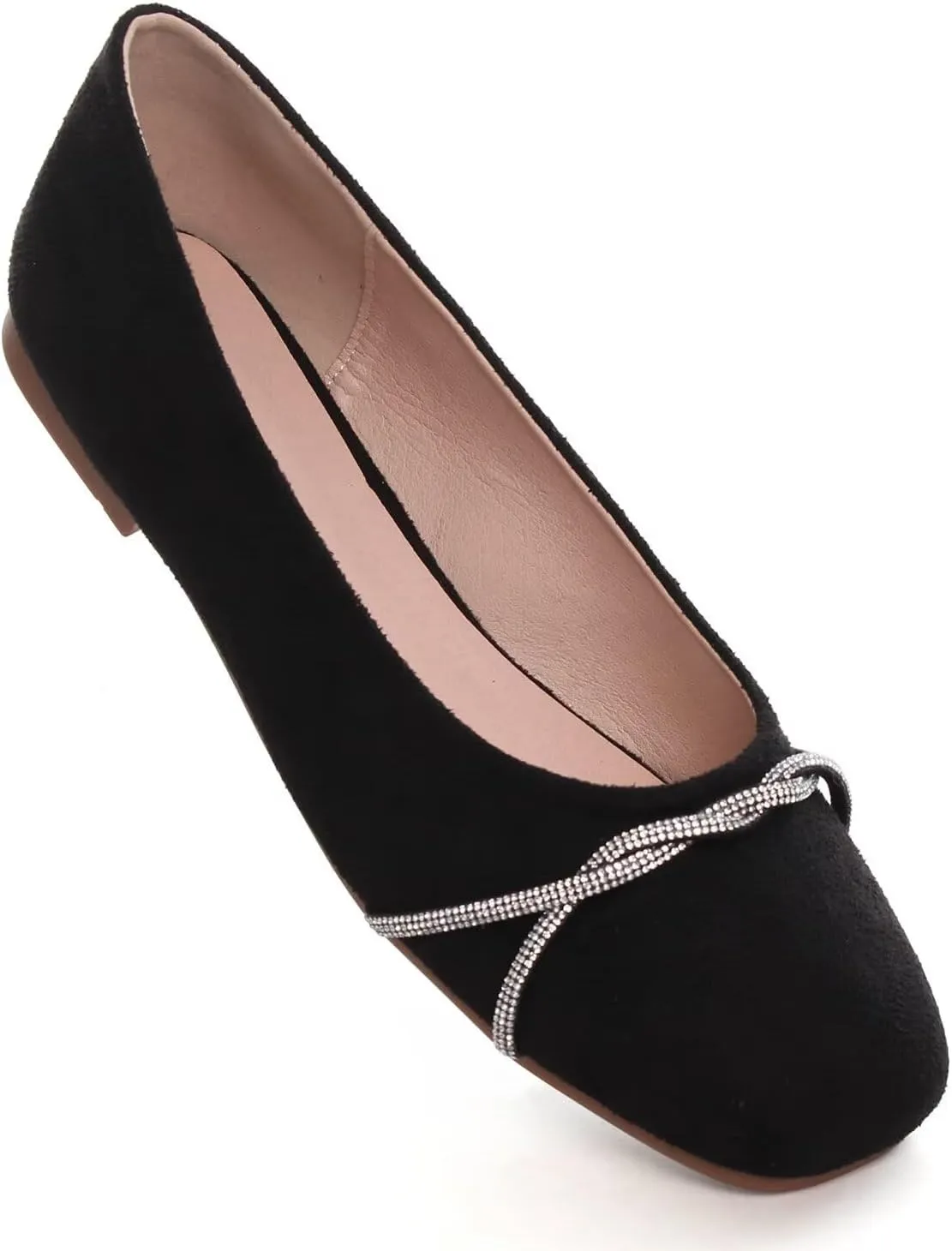 Hee grand Pointed Toe Ballet Flats for Women Suede Rhinestones Chains Black Dress Shoes Comfort Slip-On Loafers